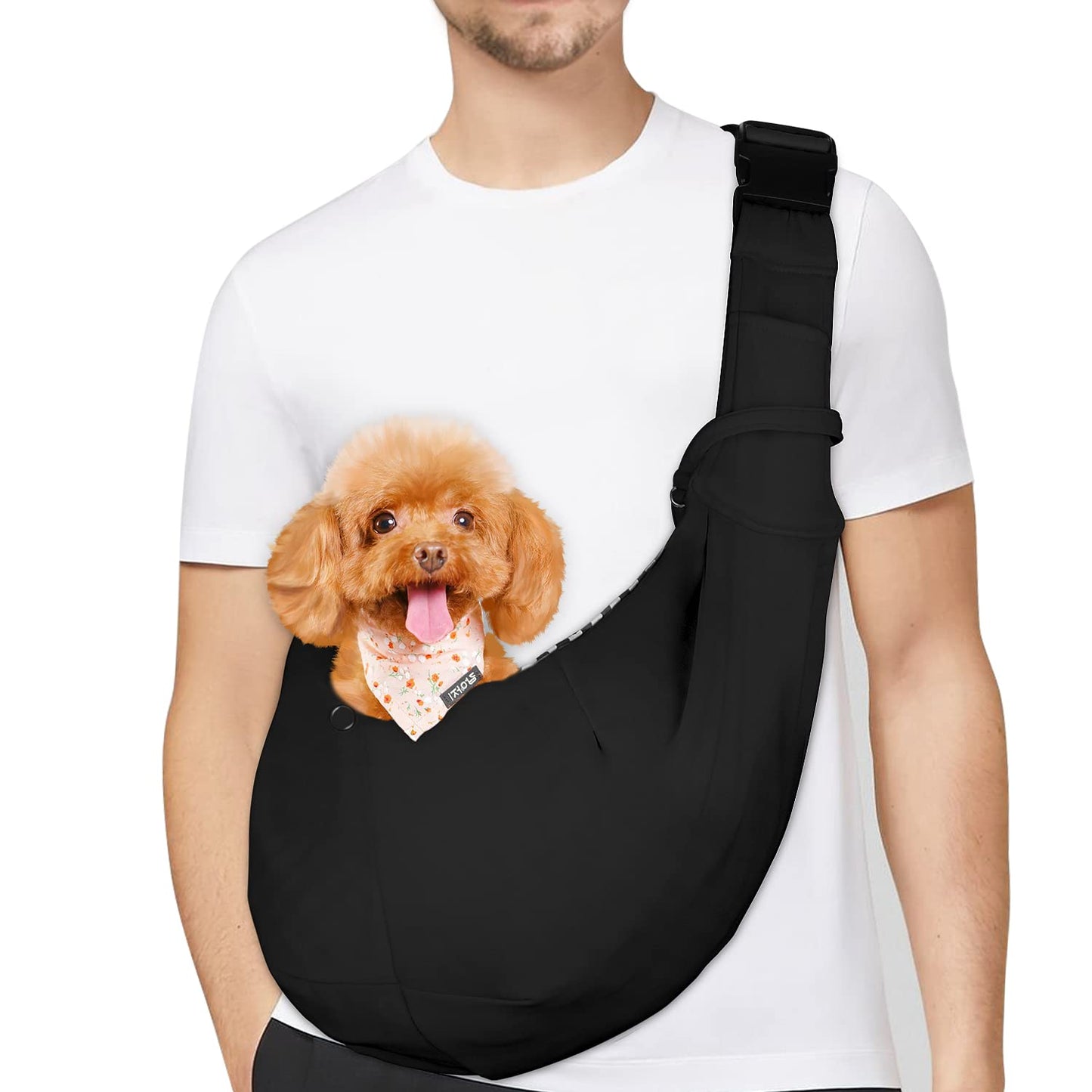 PETLOFT Reversible Dog Cat Sling Carrier, Small Dog Carrier, Adjustable Dog Sling, Hands Free Cross Body Carrier with Collar Hook for Dog/Cat/Bunny up to 11lb, Black